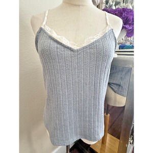 Blu Pepper V-neck Tank Top M Cozy Life Lace Grey Ribbed Spaghetti Straps Y2K 90s
